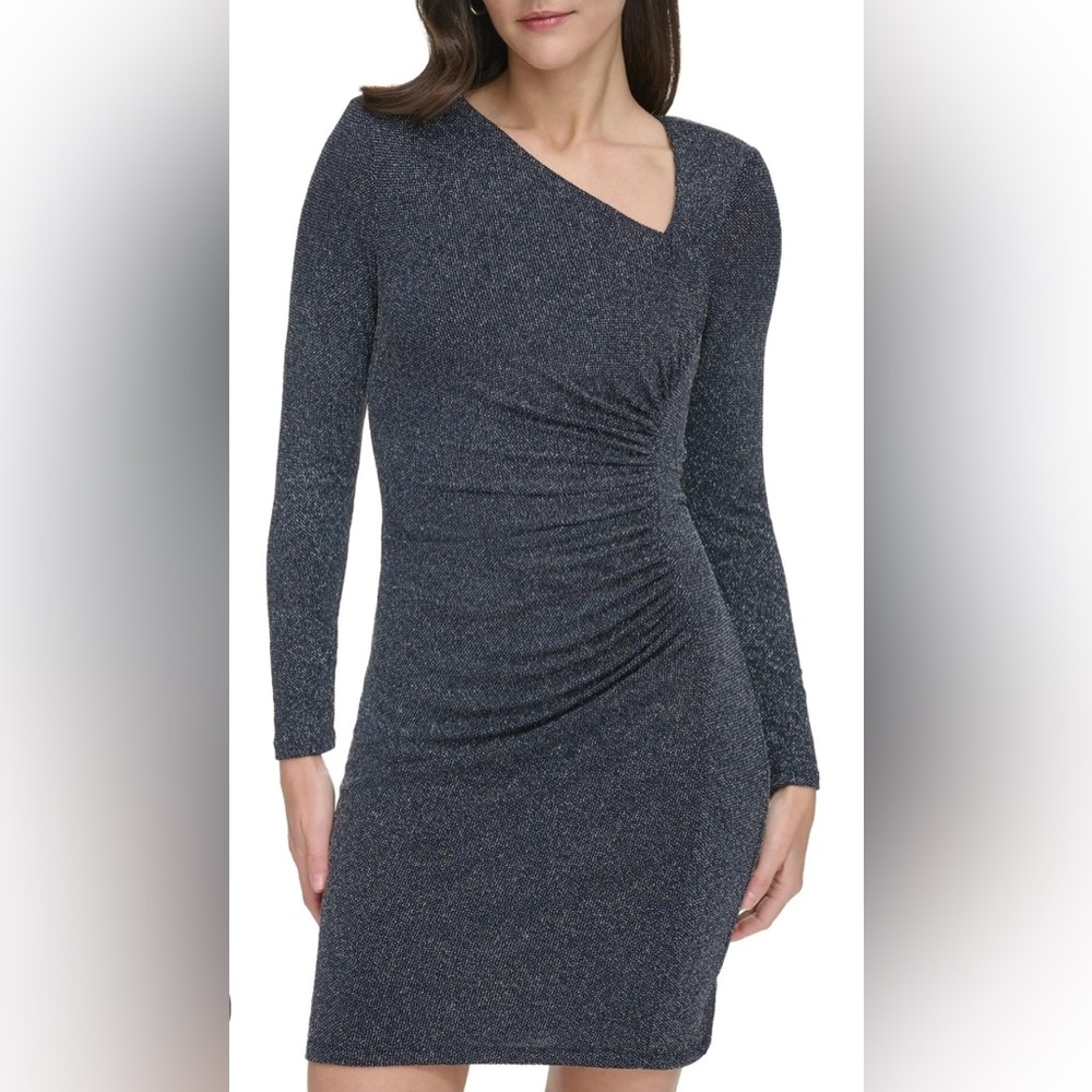 Vince Camuto Navy Sparkle Ruched Midi Dress